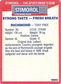 1990 AFL Scanlens Stimorol #158 Tony Free Back
